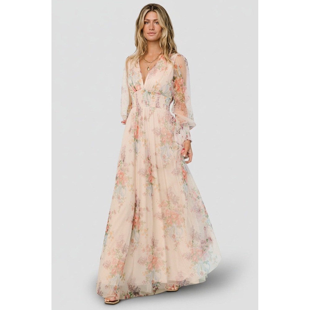 Baltic Born Layla Tulle Maxi Dress Floral V-Neck Smocked Long Sleeve Size XL